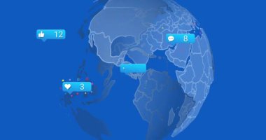 Mavi arka planda medya simgelerinin ve kürenin animasyonu. Teknoloji ve dijital arayüz kavramı dijital olarak oluşturuldu.