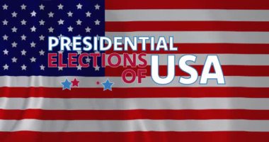 Amerikan metinlerinin ve yıldızlarının Amerikan bayrağı sallayarak başkanlık seçimlerinin animasyonu. Amerika, politika, demokrasi, iletişim, hükümet, seçim ve oylama, dijital olarak oluşturulmuş video.