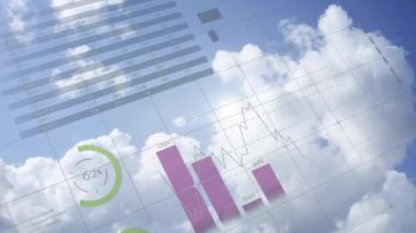 Uçakta finansal veri işleme animasyonu. Küresel finans, iş seyahati, bağlantılar, hesaplama ve veri işleme kavramı dijital olarak oluşturulmuş video.