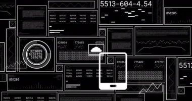 Ekranlarda dijital veri işleme animasyonu. Dijital olarak oluşturulmuş küresel bağlantılar, hesaplama ve veri işleme kavramı.