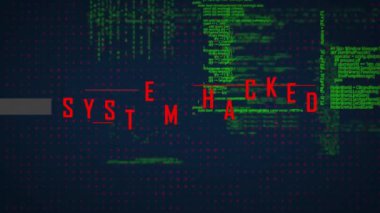 Sistemin hacklediği metin üzerinden dijital veri işleme animasyonu. Küresel çevrimiçi güvenlik, siber saldırı, bağlantılar, bilgisayar ve veri işleme kavramı dijital olarak oluşturulmuş video.