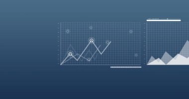 Finansal veri işleme animasyonu ve mavi arkaplan üzerindeki istatistikler. Küresel finans, iş, bağlantılar, hesaplama ve veri işleme kavramı dijital olarak oluşturulmuş video.