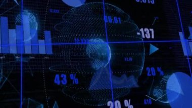 Dünya üzerinde veri işleme animasyonu ve siyah arkaplan üzerinde diyagramlar. Teknoloji ve dijital arayüz kavramı dijital olarak oluşturuldu.