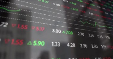 Şehir manzarası üzerinde finansal veri işleme animasyonu. Küresel finans, iş, bağlantılar, hesaplama ve veri işleme kavramı dijital olarak oluşturulmuş video.