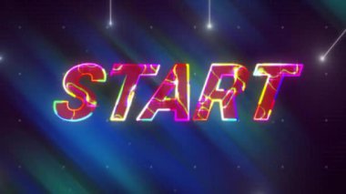 Başlangıç metninin neon desen arkaplanı üzerinden canlandırması. Küresel video oyunu, dijital arayüz, iletişim, bilgisayar ve veri işleme kavramı dijital olarak oluşturuldu.