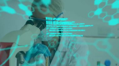 Kafkas kadın bilim adamının laboratuvarda bilimsel veri işleme animasyonu. Küresel bilim, bağlantılar, hesaplama ve veri işleme kavramı dijital olarak oluşturulmuş video.