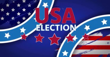 Amerikan seçim metinlerinin ve kırmızı yıldızların dönen Amerikan bayrağı yuvarlaklarının üzerinde canlandırılması. Amerika, politika, demokrasi, iletişim, hükümet, seçim ve oylama, dijital olarak oluşturulmuş video.