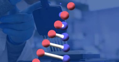 Laboratuvarda bilim adamı üzerinde DNA dizisi ve bilimsel veri işleme animasyonu. Küresel bilim, bağlantılar, hesaplama ve veri işleme kavramı dijital olarak oluşturulmuş video.
