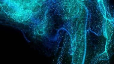 Neon izlerinin animasyonu ve siyah arkaplanda mavi noktalar. Desen, şekiller ve dijital arayüz konsepti dijital olarak oluşturulmuş video.