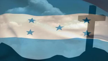 Tepenin üstünde Honduras bayrağının animasyonu. Vatanseverlik, bayraklar ve din konsepti dijital olarak oluşturulmuş video.