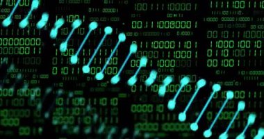 Siyah arka plandaki veri işleme üzerindeki DNA iplikçiklerinin animasyonu. Küresel bilim, tıp, bilgisayar ve dijital arayüz kavramı dijital olarak oluşturulmuş video.