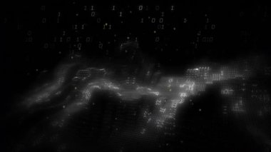 Siyah arkaplanda ikili kodlama animasyonu. İş ve dijital arayüz kavramı dijital olarak oluşturulmuş video.