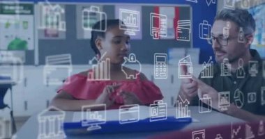 Çeşitli liseli kız ve erkek öğretmenlerin istatistik ve veri işleme animasyonları. Küresel eğitim, eğitim, bağlantılar, hesaplama ve veri işleme kavramı dijital olarak oluşturulmuş video.