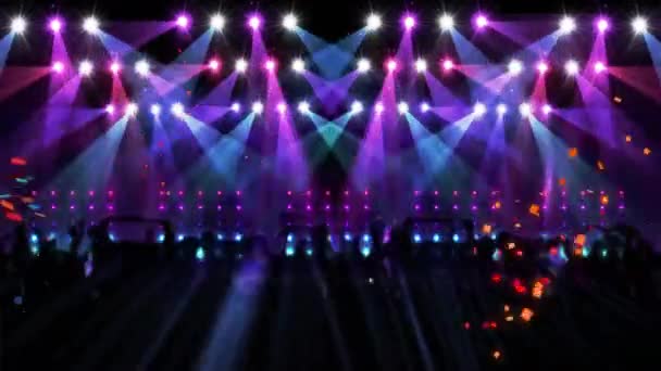 Анимация конфетти над силуэтом людей, танцующих за сценой. Концепция цифрового и партийного интерфейса.