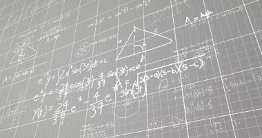 Matematiksel denklemlerin ve diyagramların resmi soyut arkaplana karşı ızgara deseni üzerinde. Dijital olarak üretilmiş, hologram, illüstrasyon, toplamlar, eğitim ve teknoloji konsepti.