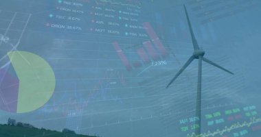 Image of financial data processing over wind turbine. Global farming business digital interface technology and networking concept digitally generated image.