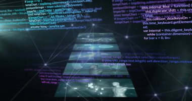 Siyah arkaplanda veri işleme ve bağlantı ağının resmi. Teknoloji, bilgisayar, bağlantılar ve dijital arayüz konsepti dijital olarak oluşturuldu.