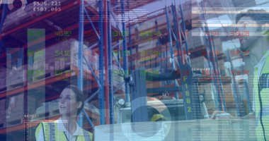 Depodaki beyaz işçilerin veri işleme görüntüsü. Küresel iş ve dijital arayüz kavramı dijital olarak oluşturulmuş görüntü.