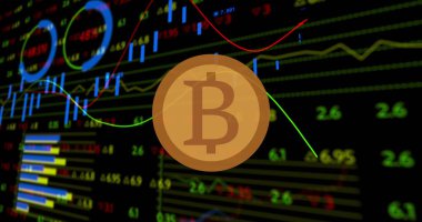 Bitcoin 'in resmi ve kara fon üzerindeki finansal veri işlemesi. Küresel kripto para birimi, işletme, finans, veri işleme ve dijital arayüz kavramı dijital olarak oluşturulmuş görüntü.