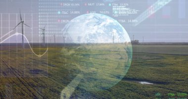 Manzara üzerinde küresel ve veri işleme görüntüsü. Küresel bağlantılar, veri işleme ve dijital arayüz konsepti dijital olarak oluşturulmuş resim.