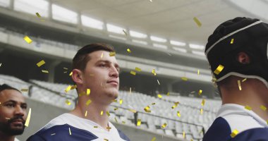 Dijital bir kompozisyonda arka arkaya duran çok ırklı bir takımın üzerine düşen altın konfeti görüntüsü