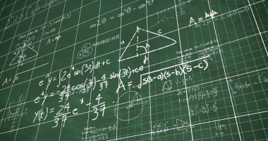 Beyaz matematiksel denklemlerin ve diyagramların resmi soyut arkaplana karşı ızgara şablonu üzerinde. Dijital olarak üretilen hologram, denklemler, eğitim, öğrenme, illüstrasyon ve teknoloji.