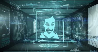 İnsanların portreleriyle veri işleme görüntüsü ve siyah arkaplanda bağlantılar. Teknoloji, bilgisayar, bağlantılar ve dijital arayüz konsepti dijital olarak oluşturuldu.