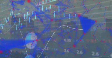Şehir manzarası üzerinde finansal veri işleme resmi. Küresel finans teknolojisi ve dijital arayüz konsepti dijital olarak oluşturulmuş görüntü.