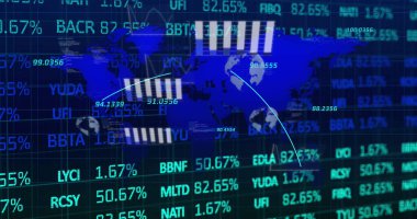 Dünya ve dünya haritasında finansal veri işleme resmi. Küresel iş, finans ve veri işleme kavramı dijital olarak oluşturulmuş görüntü.