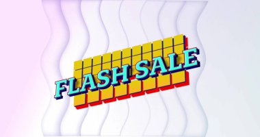 Beyaz şekilli satıştan satılan metnin resmi. Renkler, retro, sosyal medya ve dijital arayüz konsepti, dijital olarak oluşturulmuş görüntü.