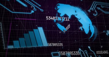 Karanlık arka planda finansal veri işleme resmi. küresel bağlantılar, veri işleme ve dijital arayüz konsepti dijital olarak oluşturulmuş resim.