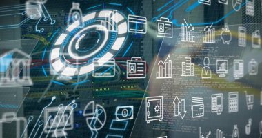 Tarama taraması ve sunucu odasındaki simgelerle dijital arayüzün resmi. Küresel bilim, bağlantılar, veri işleme ve dijital arayüz kavramı dijital olarak oluşturuldu.