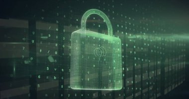 Veri işleme üzerindeki asma kilit görüntüsü. Küresel iş ve dijital arayüz kavramı dijital olarak oluşturulmuş görüntü.