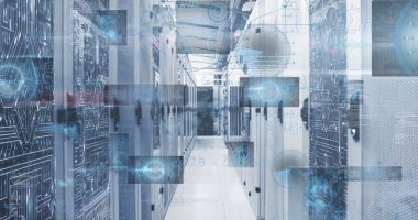 Sunucu odasında veri işleme resmi. küresel iş ve dijital arayüz kavramı dijital olarak oluşturulmuş görüntü.