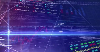 Karanlık arka planda finansal veri işleme resmi. Küresel finans, iş, bağlantılar, hesaplama ve veri işleme kavramı dijital olarak oluşturuldu.