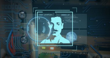 Karanlık arkaplanı tarayan dijital arayüzün görüntüsü. Küresel bilim, bağlantılar, veri işleme ve dijital arayüz kavramı dijital olarak oluşturuldu.