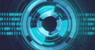 Daireler yükleme resmi, ikili kodlar ve siyah arkaplan üzerinde bağlantılı noktalar. Dijital olarak oluşturulmuş, hologram, illüstrasyon, iş, ilerleme, iletişim, bilgisayar dili ve teknoloji.