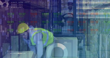 Depodaki çeşitli işçilerin veri işleme görüntüsü. küresel iş ve dijital arayüz kavramı dijital olarak oluşturulmuş görüntü.