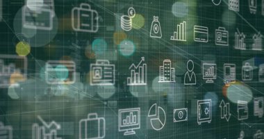 Çizgilerle birbirine bağlı simgelere karşı bokeh etkisi üzerine simgeleri hareket ettirme görüntüsü. Dijital olarak üretilmiş, hologram, bulanık, aydınlanmış, rapor, finans, iletişim ve teknoloji kavramı.