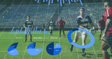 Rugby oynayan, koşan ve dijital kompozisyonu zorlayan iki çok ırklı ragbi takımının grafikleri, verileri ve istatistikleri