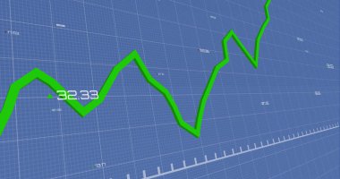 Mavi arkaplana karşı değişen sayılara sahip bir grafik resmi. Dijital olarak üretilen hologram, illüstrasyon, rapor, iş dünyası, büyüme, soyut ve teknoloji kavramı.