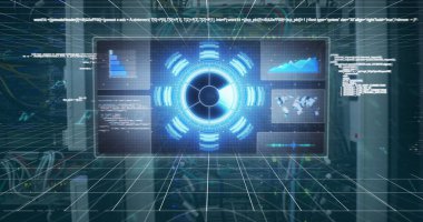 Sunucu odasının üstündeki dijital dürbünün resmi. Küresel bilim, bağlantılar, veri işleme ve dijital arayüz kavramı dijital olarak oluşturuldu.