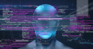 Karanlık arka planda insan kafası üzerinde veri işleme görüntüsü. Küresel bilim, bağlantılar, hesaplama ve veri işleme kavramı dijital olarak oluşturulmuş görüntü.