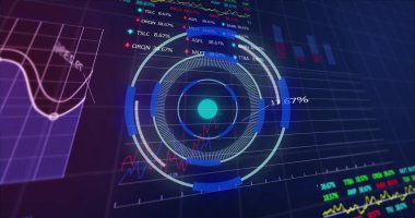 Şebeke üzerinde finansal veri işleme ve tarama görüntüsü. Küresel bağlantılar, iş, bilgisayar ve veri işleme kavramı dijital olarak oluşturulmuş resim.