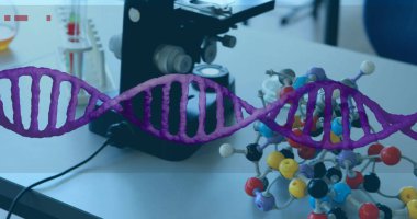 Laboratuvarın üzerinde DNA izi var. Küresel bilim ve dijital arayüz kavramı dijital olarak oluşturulmuş görüntü.