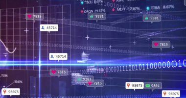 Sosyal medya simgeleri, istatistikler, mavi arka planda borsa veri işleme resimleri. Küresel ekonomi ve sosyal medya ağ teknolojisi kavramı