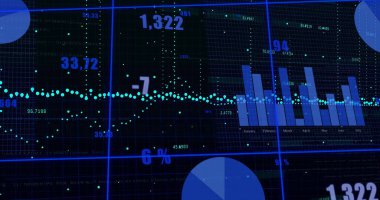 Siyah arka planda finansal veri işleme resmi. Küresel finansman, bilgisayar, iş ve dijital arayüz kavramı dijital olarak oluşturuldu.