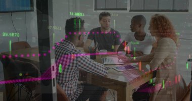 Image of financial data processing over business people in office. Global business, finance, computing, connections and data processing concept digitally generated image. clipart