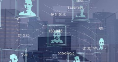 Ofis üzerinde biyometrik fotoğraflar ve veri işleme resimleri. Dijital olarak oluşturulmuş küresel bağlantılar, hesaplama ve veri işleme kavramı.