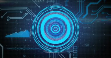 Siyah arkaplanı tarayan dijital arayüzün görüntüsü. Küresel bilim, bağlantılar, veri işleme ve dijital arayüz kavramı dijital olarak oluşturuldu.